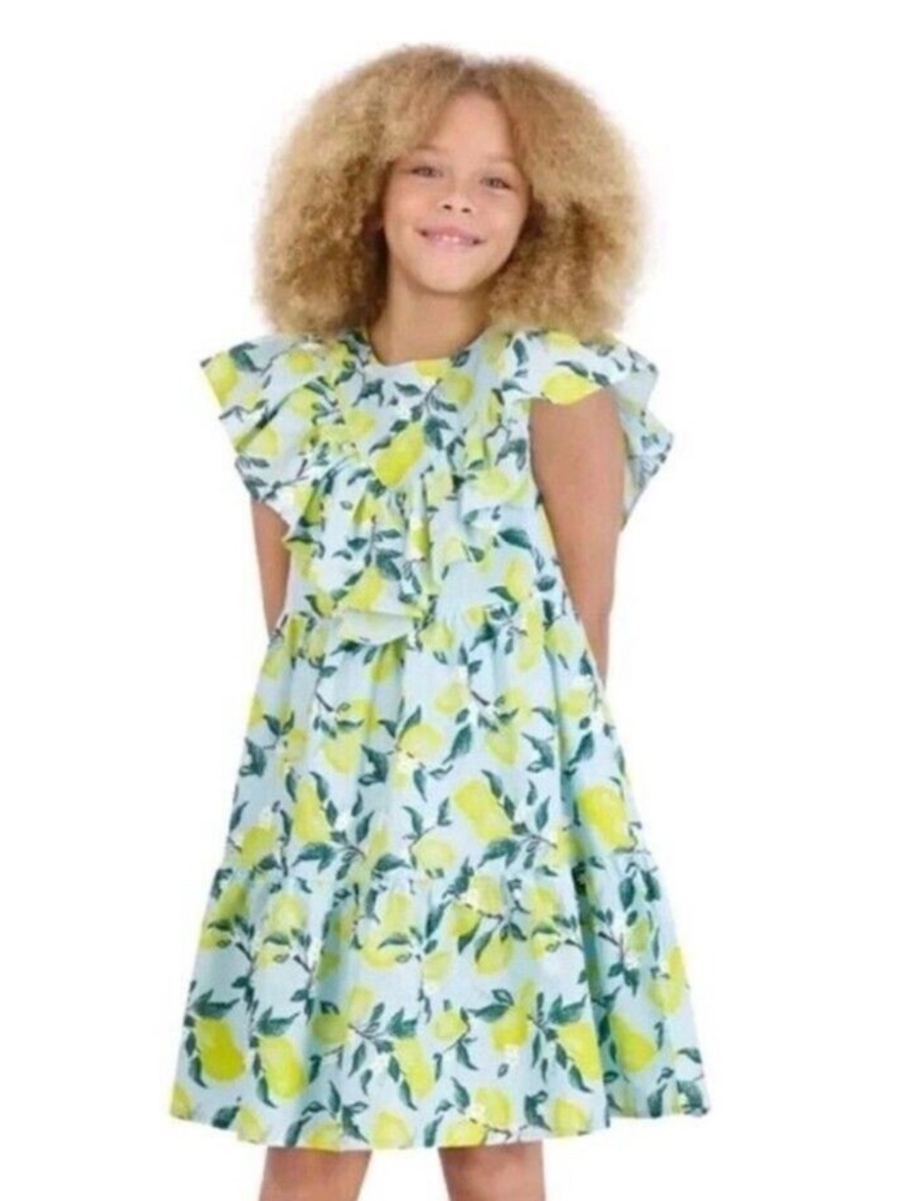 French Connection Lemon Ruffle Dress in Yellow & Blue